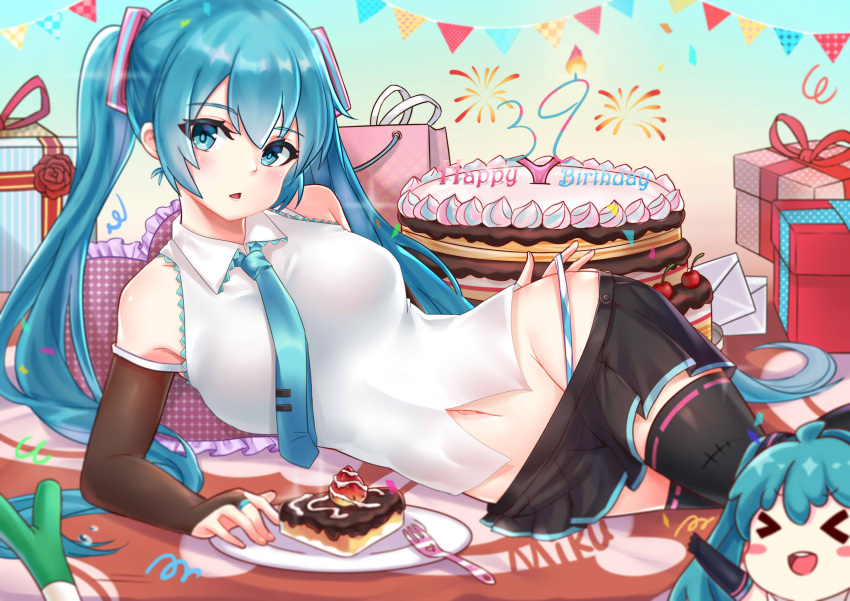 absurdres birthday black_skirt blue_eyes blue_hair blue_neckwear blue_panties blush breasts cake datew detached_sleeves eyebrows_visible_through_hair food fork happy_birthday hatsune_miku highres large_breasts long_hair looking_at_viewer lying navel necktie on_side panties parted_lips plate skirt slice_of_cake solo striped striped_panties tie_clip twintails underwear vocaloid white_panties