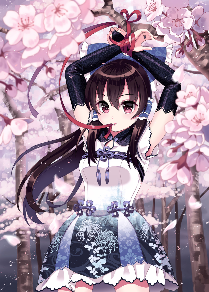 alternate_costume arms_up bangs black_gloves black_hair blue_bow blue_dress blush bound bound_wrists bow breasts bridal_gauntlets cherry_blossoms commentary_request cowboy_shot douji dress elbow_gloves eyebrows_visible_through_hair floral_print frilled_bow frills gloves hair_between_eyes hair_bow hair_tubes hakurei_reimu highres lips lipstick lolita_fashion long_hair makeup medium_breasts mouth_hold multicolored multicolored_clothes multicolored_dress petals petticoat pink_lips pink_lipstick qi_lolita red_eyes red_ribbon restrained ribbon ribbon_bondage short_sleeves sidelocks solo standing tied_up touhou tree white_dress