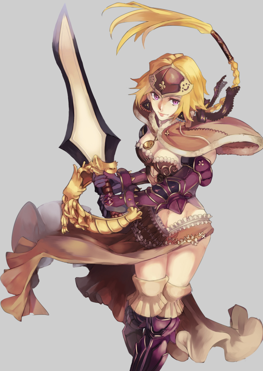 absurdres bahl_(terra_battle) bangle blonde_hair bracelet breasts cleavage gloves headgear highres jewelry kuromatsu_y looking_at_viewer purple_eyes smile sword terra_battle weapon