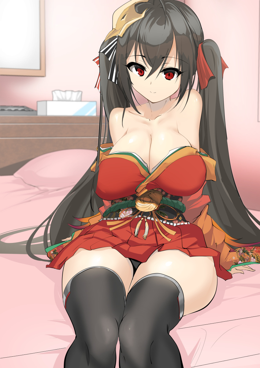 absurdres ahoge arm_support azur_lane bangs bare_shoulders bed bed_sheet black_hair black_legwear blush breasts cleavage closed_mouth collarbone dress eyebrows_visible_through_hair hair_between_eyes hair_ornament hair_ribbon highres indoors japanese_clothes large_breasts leaning_back light_smile long_hair looking_at_viewer momio on_bed pillow red_dress red_eyes red_ribbon ribbon sitting solo taihou_(azur_lane) thighhighs thighs tied_hair tissue_box twintails wide_sleeves window