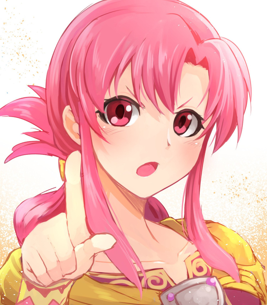 commentary_request ethlin_(fire_emblem) fire_emblem fire_emblem:_seisen_no_keifu highres long_hair nakabayashi_zun open_mouth pink_eyes pink_hair pointing sidelocks simple_background solo white_background