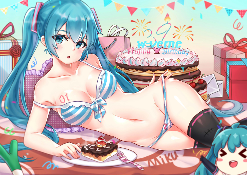 absurdres artist_name bare_shoulders birthday black_legwear blue_bra blue_eyes blue_hair blue_panties blush bra breasts cake cleavage collarbone datew eyebrows_visible_through_hair food fork happy_birthday hatsune_miku highres large_breasts looking_at_viewer lying navel on_side panties parted_lips plate slice_of_cake solo striped striped_bra striped_panties thighhighs twintails underwear vocaloid white_bra white_panties