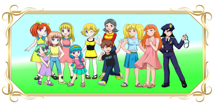 6+girls absurdres blonde_hair blossom_(ppg) blue_eyes blue_hair bow braid brown_hair bubbles_(ppg) bunches buttercup_(ppg) child commentary commission converse cuffs denim dress english_commentary family family_portrait flip-flops full_body green_eyes green_hair grey_hair hair_bow hairband handcuffs highres huge_filesize incredibly_absurdres j8d jeans long_hair mary_janes miss_keane multiple_girls one_eye_closed original pants peter_pan_collar picture_frame pink_eyes police police_uniform policewoman powerpuff_girls purple_eyes red_hair ribbon sandals shirt shoes short_hair short_twintails skirt smile sneakers sundress t-shirt thighhighs transparent_background twintails uniform white_legwear