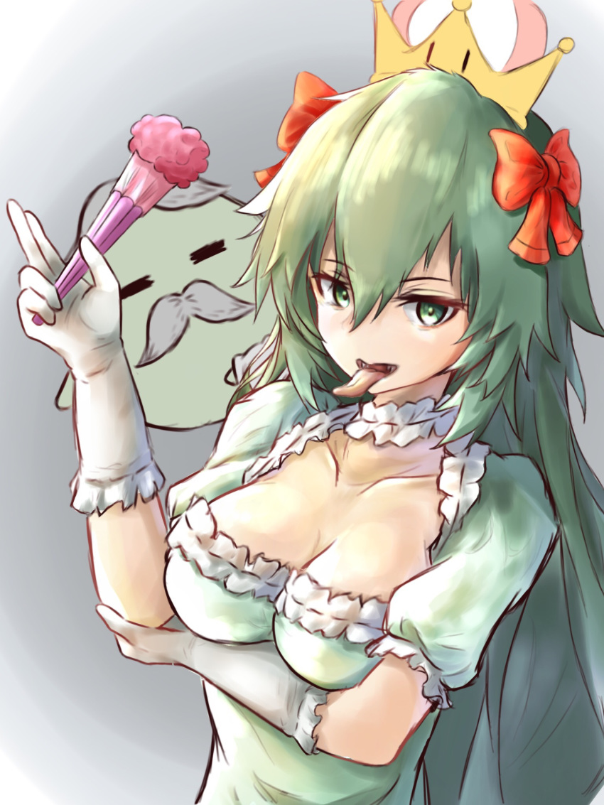 1girl arm_under_breasts aru_tarou bow collar collarbone commentary crown detached_collar dress facial_hair fan fangs folding_fan frilled_collar frilled_dress frilled_gloves frills ghost gloves green_dress green_eyes green_hair hair_between_eyes hair_bow highres long_hair long_tongue looking_at_viewer mario_(series) mustache new_super_mario_bros._u_deluxe open_mouth paper_mario personification red_bow resaresa sebastian_(paper_mario) short_sleeves super_crown tongue tongue_out white_gloves