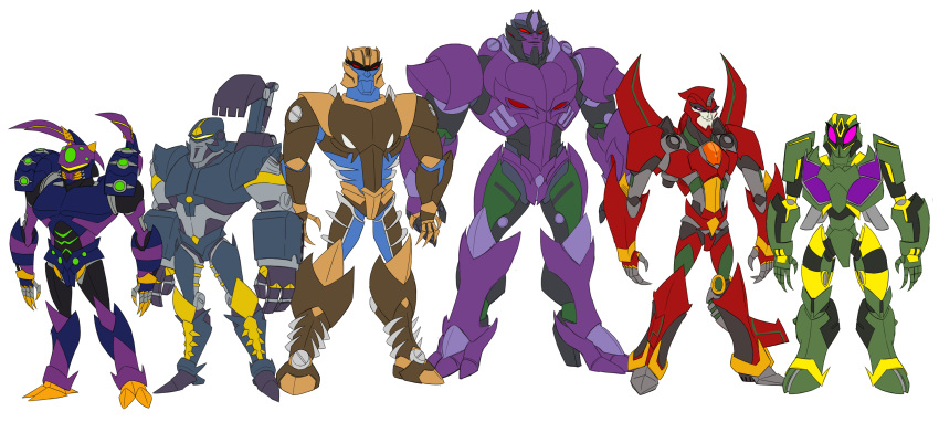 2016 alien beast_wars biped claws cybertronian digital_drawing_(artwork) digital_media_(artwork) dinobot_(character) front_view frown full-length_portrait green_body grey_body humanoid living_machine machine male megatron_(beast_wars) multicolored_body ovlar portrait predacon purple_body purple_eyes red_body red_eyes robot scorponok simple_background smile standing tarantulas terrorsaur transformers two_tone_body waspinator white_background yellow_eyes