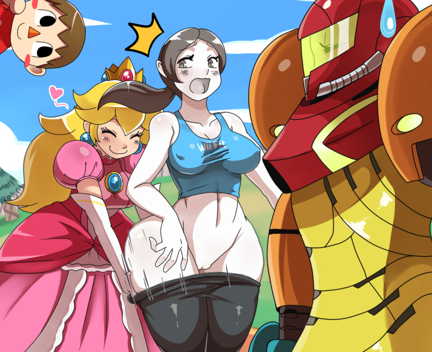 1boy 3girls armor assisted_exposure bangs black_eyes black_hair blonde_hair blush blush_stickers bra breasts brown_hair capri_pants clothes_writing cloud covered_nipples crown day doubutsu_no_mori dress ears elbow_gloves embarrassed eric_lowery frills gloves grey_eyes heart highres jewelry long_hair mario_(series) medium_breasts metroid multiple_girls nature nose pants pantsing parted_bangs pink_dress ponytail princess_peach pussy samus_aran sky smile sport super_mario_bros. super_smash_bros. surprised sweatdrop tree underwear villager_(doubutsu_no_mori) wavy_mouth white_skin wide_hips wii_fit wii_fit_trainer