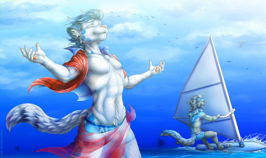 clothed clothing cloud duo feline fully_clothed leopard male mammal sailboat sailing sea sky snow_leopard toshaviktory unknown_character unknown_species victory_(texdot) water