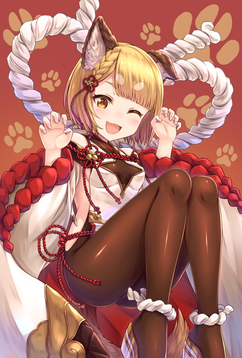 ;d animal_ears ass bangs bare_shoulders blonde_hair blush braid breasts brown_eyes brown_legwear claw_pose detached_sleeves dog_ears dog_tail erune eyebrows_visible_through_hair granblue_fantasy hands_up highres looking_at_viewer one_eye_closed open_mouth pantyhose paw_print rope shimenawa short_hair sideboob simple_background small_breasts smile solo tail tomo_(user_hes4085) vajra_(granblue_fantasy) wide_sleeves