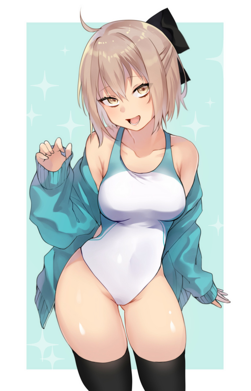 :d absurdres ahoge ass_visible_through_thighs black_legwear breasts brown_eyes brown_hair collarbone commentary_request competition_swimsuit covered_navel cowboy_shot fate/grand_order fate_(series) half_updo head_tilt highres iriehana jacket large_breasts looking_at_viewer off_shoulder okita_souji_(fate) okita_souji_(fate)_(all) one-piece_swimsuit open_clothes open_jacket open_mouth short_hair sleeves_past_wrists smile solo swimsuit thighhighs