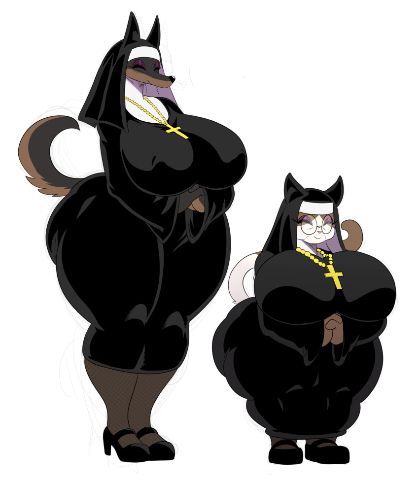 anthro big_breasts black_clothing black_fur breasts brown_fur canine cat christian_symbol christianity clothing cross cross_necklace doberman dog duo eyes_closed eyeshadow eyewear feline female footwear fur glasses high_heels jewelry laverne_(sssonic2) makeup mammal mature_female necklace nun old ophelia_(sssonic2) religion shoes short_stack size_difference smile sssonic2