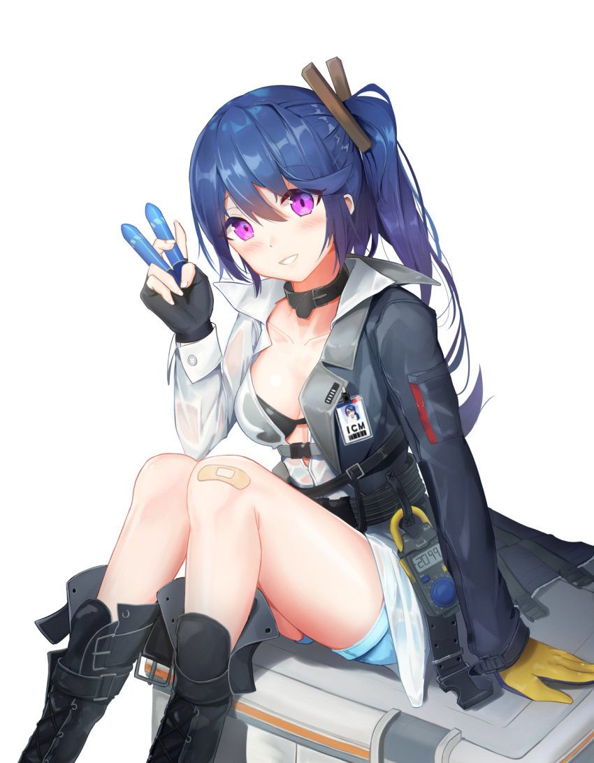 bandaid bandaid_on_knee bangs between_fingers bikini_top black_bikini_top black_footwear black_gloves black_jacket blue_hair blue_shorts blush boots breasts collarbone commentary_request cross-laced_footwear eyebrows_visible_through_hair fingerless_gloves fingernails girls_frontline gloves hair_between_eyes highres holding jacket k11_(girls_frontline) knee_boots korean_commentary lace-up_boots leaning_to_the_side long_hair long_sleeves medium_breasts multimeter parted_lips purple_eyes seero shirt short_shorts shorts side_ponytail sitting sitting_on_object solo very_long_hair white_background white_shirt