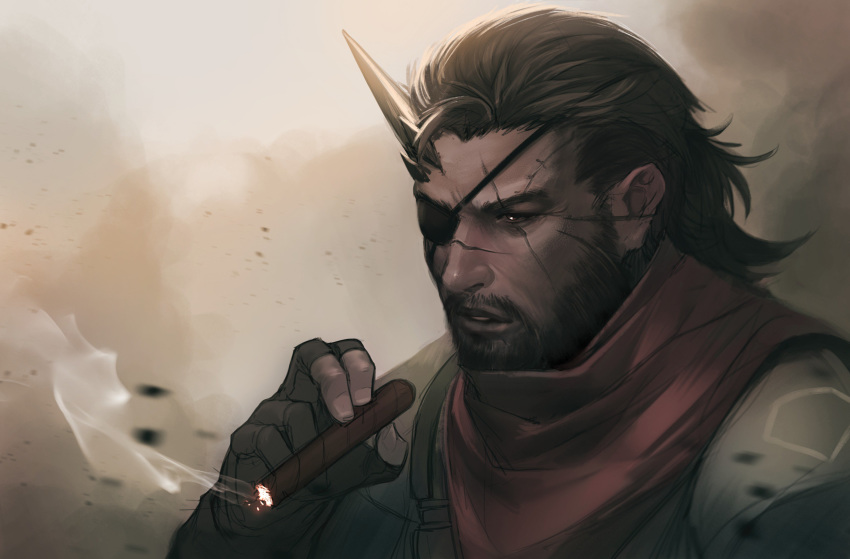 absurdres beard brown_eyes brown_hair cigar commentary embers english_commentary eyepatch facial_hair facial_scar fingerless_gloves gloves highres holding horn less looking_to_the_side male_focus metal_gear_(series) metal_gear_solid metal_gear_solid_v mustache one_eye_covered parted_lips scar scar_across_eye scar_on_cheek scarf smoke smoking venom_snake