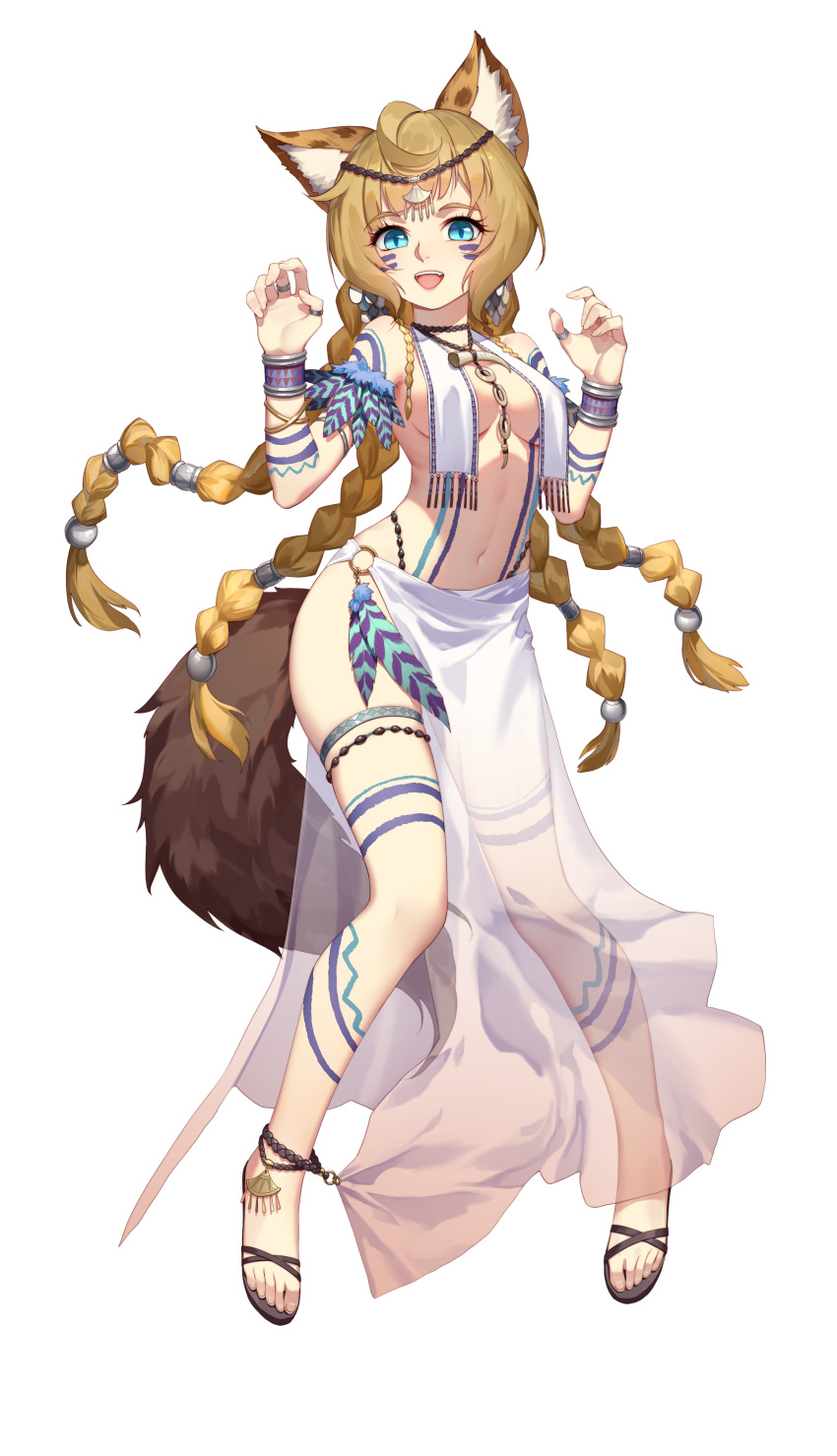 absurdres animal_ears armlet blue_eyes bracelet breasts brown_hair daye_bie_qia_lian dress fang_necklace feathers full_body hair_ornament head_chain highres jewelry long_hair looking_at_viewer navel necklace pelvic_curtain quad_braids ring romantic_saga_of_beauty_&amp;_devil slit_pupils smile solo standing thighlet thumb_ring transparent_background very_long_hair white_dress