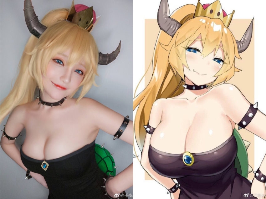 asian bare_shoulders bowsette bowsette_(cosplay) breasts cleavage cosplay crown dress fang hands_on_hips highres horns japanese_(nationality) large_breasts lipstick makeup mario_(series) new_super_mario_bros._u_deluxe nintendo photo ponytail shell sleeveless sleeveless_dress smile split_screen strapless strapless_dress super_crown