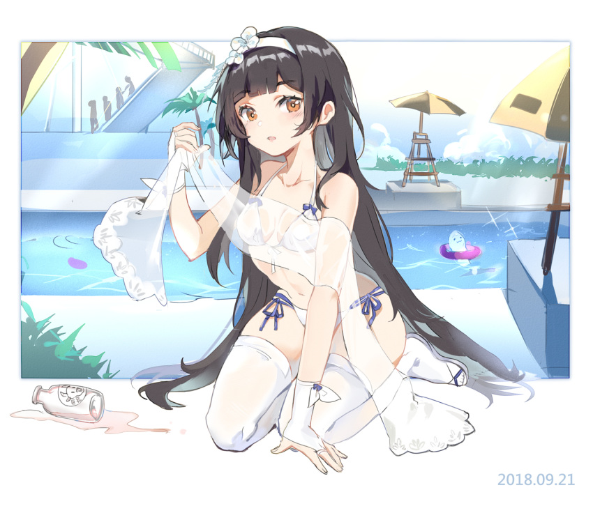 alternate_costume bangs bikini black_hair blue_sky blush bottle breasts bridal_gauntlets bxr cleavage cloud dated day eyebrows_visible_through_hair flower girls_frontline gloves hair_flower hair_ornament hairband halter_top halterneck kneeling large_breasts leaning_forward long_hair looking_at_viewer navel open_mouth outdoors outside_border poolside qbz-95_(girls_frontline) sandals shawl side-tie_bikini sidelocks sky smile solo spill stomach swimsuit thighhighs umbrella very_long_hair water white_bikini white_footwear white_gloves white_hairband white_legwear yellow_eyes