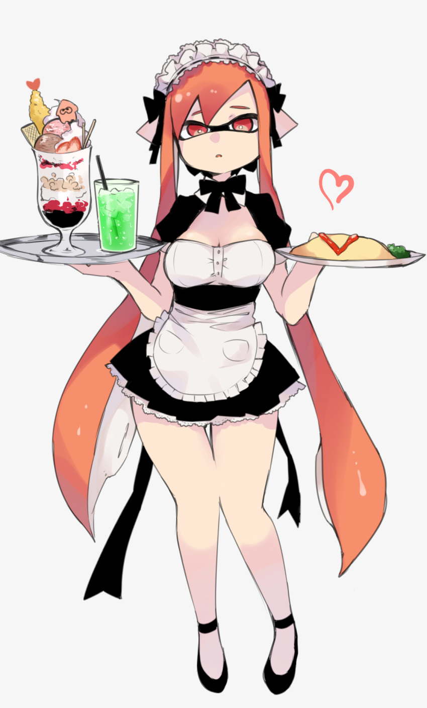 apron bow bowtie domino_mask food full_body heart highres ice_cream inkling iriehana long_hair looking_at_viewer maid_headdress mask omurice parted_lips pointy_ears red_eyes simple_background solo splatoon_(series) standing sundae tentacle_hair thigh_gap tray waist_apron waitress white_background