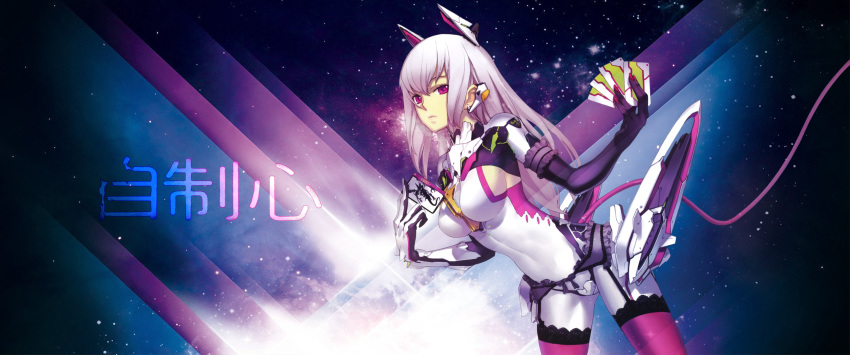 armor bodysuit elbow_gloves garter_belt gloves lingerie purple_eyes sexy stockings white_hair