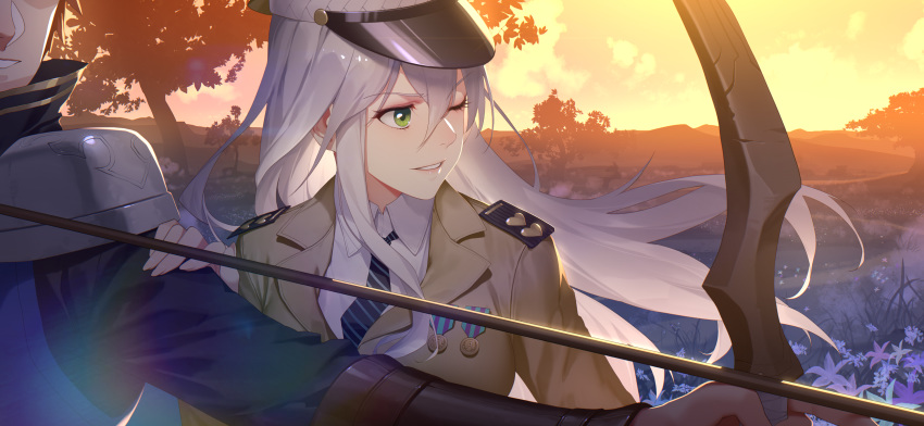 1girl absurdres arrow bow_(weapon) breasts brown_hair daye_bie_qia_lian eyebrows_visible_through_hair green_eyes hand_on_another's_shoulder hat highres large_breasts long_hair looking_to_the_side necktie one_eye_closed outdoors parted_lips romantic_saga_of_beauty_&amp;_devil shirt shoulder_armor sunset tree uniform weapon white_hair white_shirt wind