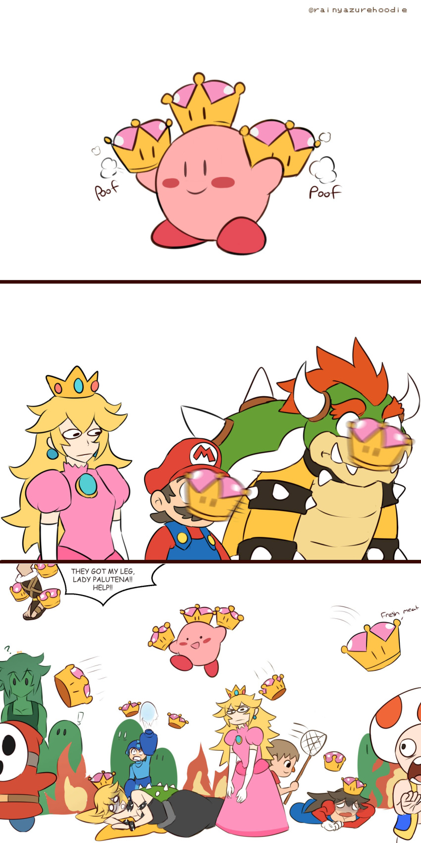 3koma ? absurdres arm_cannon blonde_hair bowser bowsette bracelet brown_hair butterfly_net collar comic crossover crown doubutsu_no_mori earrings english facial_hair fire genderswap genderswap_(mtf) hand_net hat helmet highres hill horns jewelry kid_icarus kirby kirby_(series) mario mario_(series) mask motion_blur multiple_boys multiple_girls new_super_mario_bros._u_deluxe overalls personification pit_(kid_icarus) princess_dress princess_peach rainyazurehoodie rockman rockman_(character) sandals shy_guy smile spiked_bracelet spiked_collar spiked_shell spikes super_crown super_smash_bros. toad turtle_shell villager_(doubutsu_no_mori) weapon