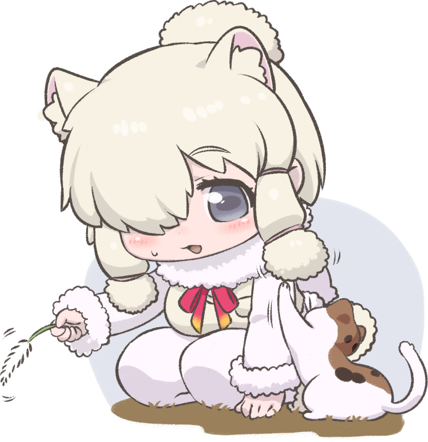 alpaca alpaca_ears alpaca_suri_(kemono_friends) alpaca_tail animal_ear_fluff animal_ears blue_eyes blush cat cat_ears cat_tail cat_teaser commentary eyebrows_visible_through_hair fur_collar fur_trim hair_bun hair_over_one_eye hair_tubes kemono_friends kneeling kuro_(kurojill) long_sleeves neck_ribbon pantyhose ribbon short_hair solo sweatdrop tail white_hair