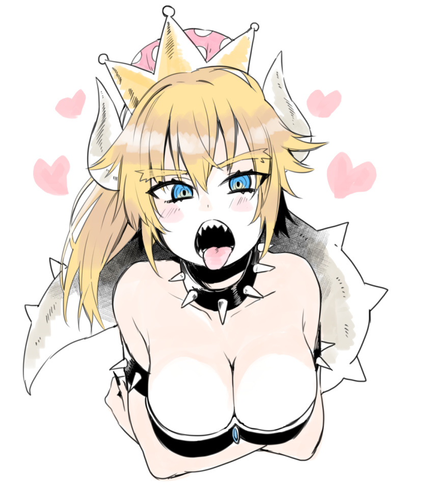 blonde_hair blue_eyes blush bowsette breasts cleavage collar cropped_torso crown eyebrows_visible_through_hair heart highres horns iriehana large_breasts long_hair looking_at_viewer mario_(series) new_super_mario_bros._u_deluxe sharp_teeth simple_background solo spiked_armlet spiked_collar spikes super_crown tail teeth tongue tongue_out white_background