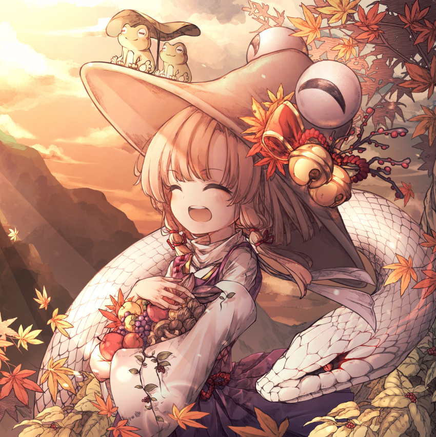 :3 :d ^_^ absurdres apple autumn autumn_leaves bangs bell berry blonde_hair blush bow brown_hat carrying closed_eyes cloud cloudy_sky commentary_request cowboy_shot dress evening eyebrows_visible_through_hair facing_to_the_side falling_leaves food frog fruit grapes hair_ribbon hat hat_bow highres hito_komoru jingle_bell leaf leaf_umbrella lens_flare light_rays long_hair long_sleeves mishaguji moriya_suwako mountain multi-tied_hair mushroom open_mouth outdoors pinafore_dress purple_dress red_bow red_eyes red_ribbon ribbon round_teeth scales sidelocks sky slit_pupils smile snake solo sunbeam sunlight teeth touhou tress_ribbon turtleneck walnut_(food) wide_sleeves