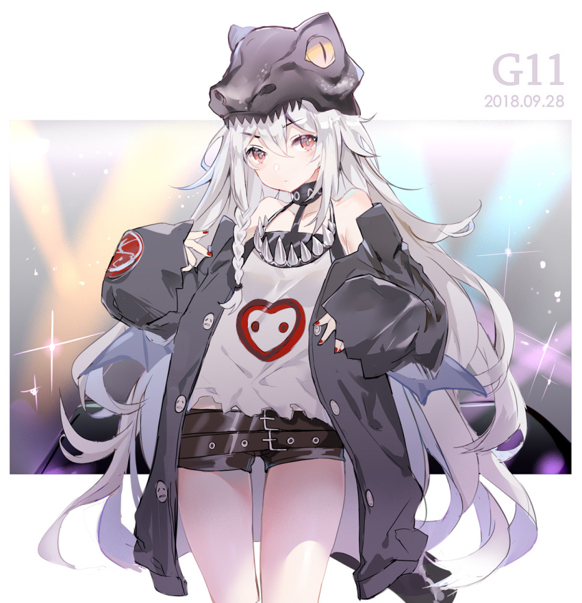 alternate_costume bangs bare_shoulders belt black_shorts blush braid breasts brown_eyes buckle bxr character_name choker closed_mouth collarbone cowboy_shot dated dinosaur eyebrows_visible_through_hair g11_(girls_frontline) girls_frontline hair_between_eyes hands_up hat highres holding jacket long_hair looking_at_viewer messy_hair multiple_belts nail_polish off_shoulder open_clothes open_jacket outside_border red_nails rocker-chic shiny shiny_skin shirt short_shorts shorts side_braid sidelocks silver_hair simple_background sleeveless sleeveless_shirt small_breasts solo sparkle thighs very_long_hair white_backpack