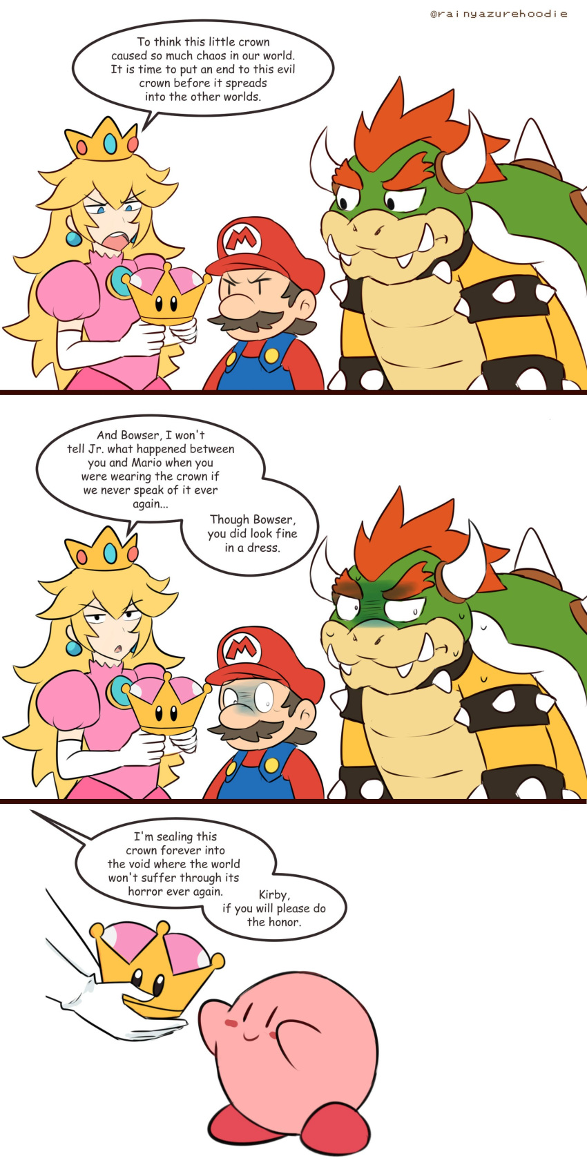 3boys 3koma absurdres blonde_hair bowser bracelet brown_hair collar comic crossover crown earrings english facial_hair hat highres horns jewelry kirby kirby_(series) long_hair mario mario_(series) multiple_boys mustache new_super_mario_bros._u_deluxe overalls princess_dress princess_peach rainyazurehoodie short_hair speech_bubble spiked_bracelet spiked_collar spikes super_crown