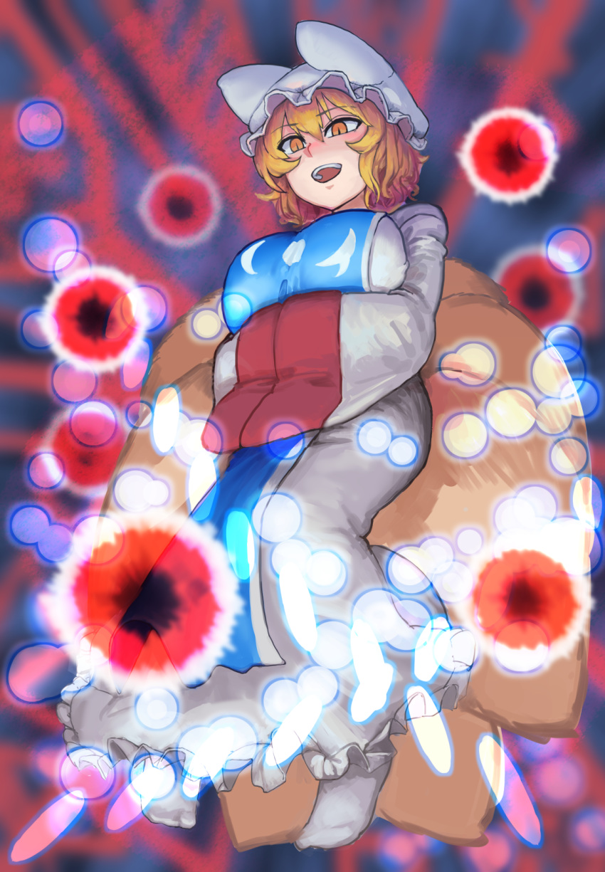 :d animal_humanoid big_breasts blonde_hair breasts canine chanta chinese_clothing clothed clothing dress female fox_humanoid hair hat humanoid legwear low-angle_view mammal multi_tail open_mouth ran_yakumo short_hair slit_pupils socks solo tabard teeth touhou yellow_eyes