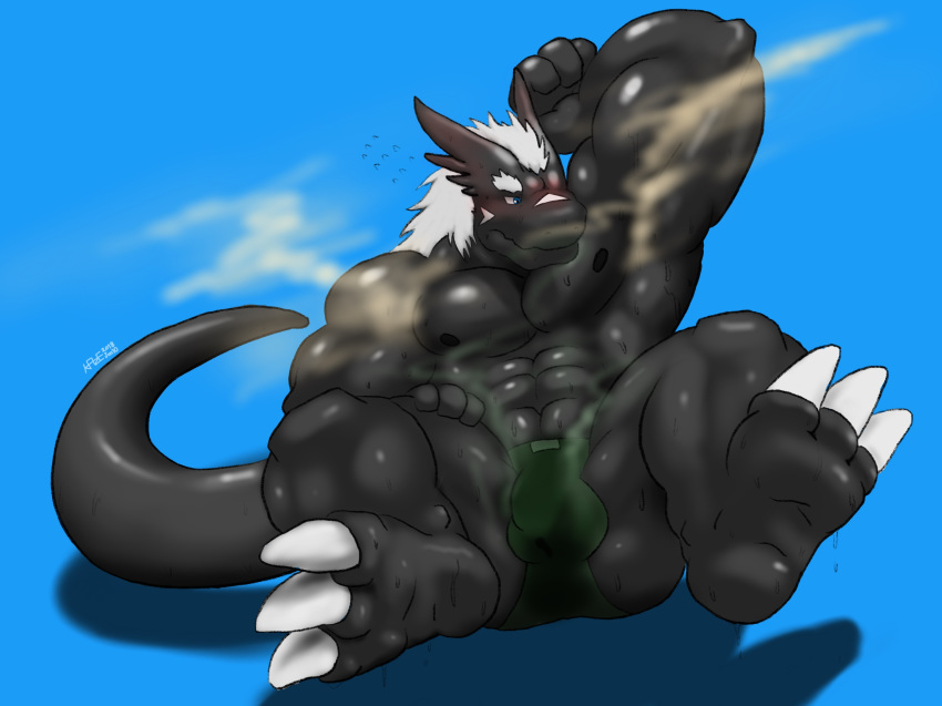 2018 4_fingers anthro barefoot biceps blue_eyes blush briefs bulge clothed clothing dragon flexing grauchen_(character) green_underwear hair hindpaw kaze3481_(artist) male muscular muscular_male musk paws pecs penis_outline presenting scalie simple_background smelly solo spread_legs spreading sweat underwear wet_underwear white_hair