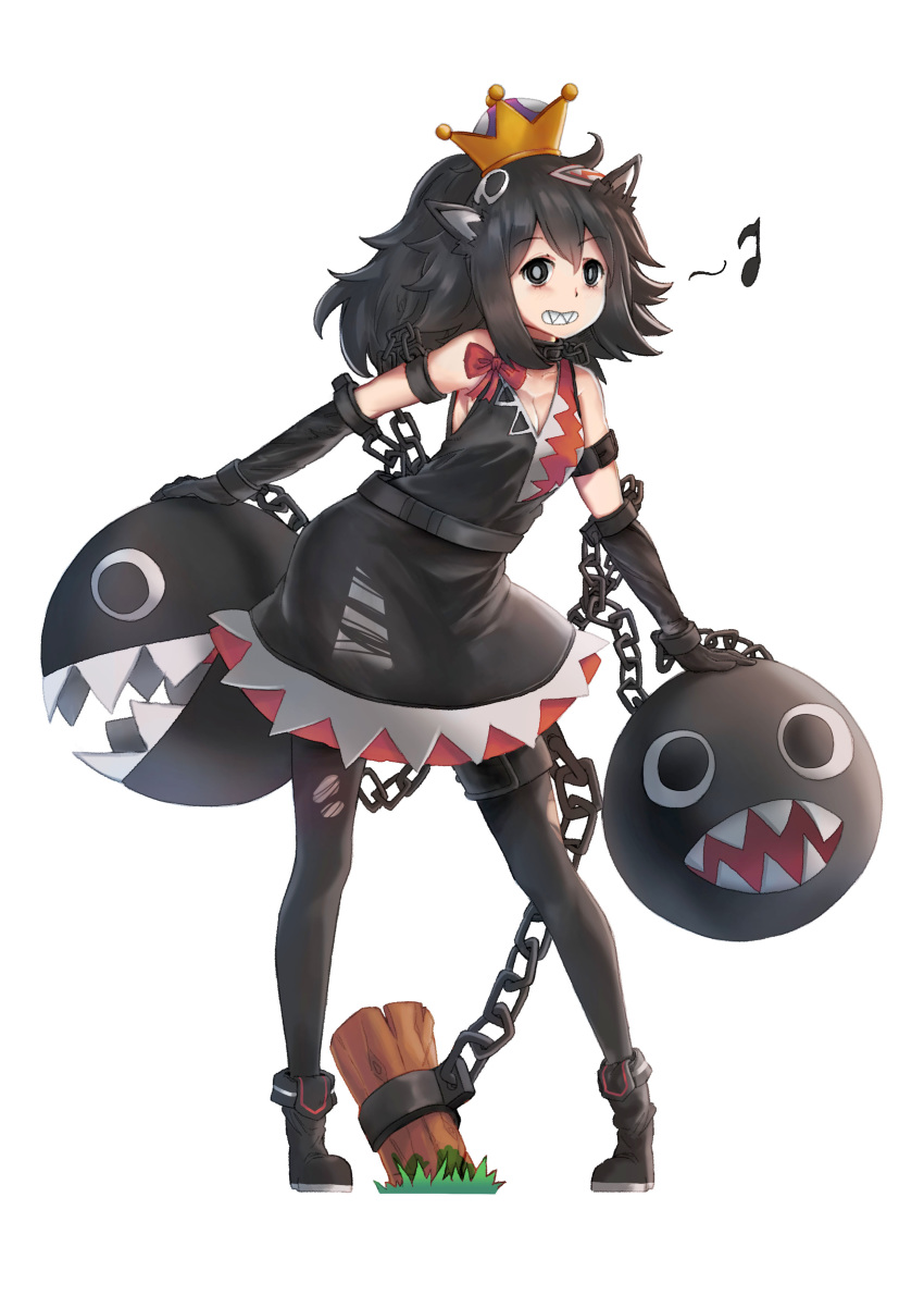 absurdres black_dress black_eyes black_footwear black_gloves black_hair black_legwear blush boots bow breasts chain chain_chomp cleavage collarbone commentary_request cuffs dress elbow_gloves eyebrows_visible_through_hair full_body gloves highres large_breasts long_hair looking_at_viewer mario_(series) musical_note new_super_mario_bros._u_deluxe pantyhose parted_lips persocon93 ponytail princess_chain_chomp red_bow shackles sharp_teeth smile solo stake standing super_crown teeth torn_clothes torn_legwear