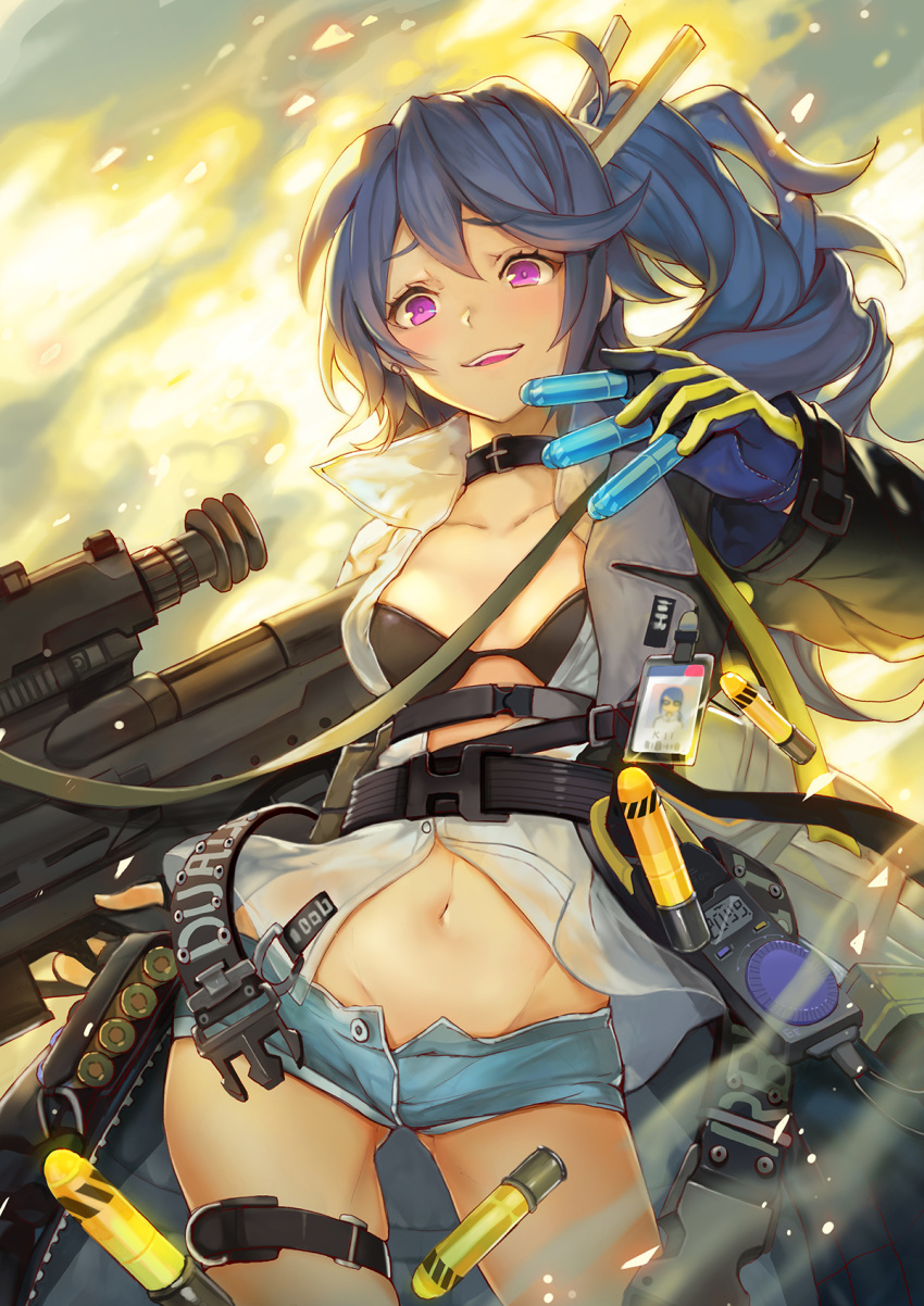 assault_rifle bangs bikini black_bikini blue_hair blue_shorts blush breasts character_name clothes_pin coat collarbone collared_shirt commentary cooler cowboy_shot daewoo_k11 dropping explosion explosive eyebrows_visible_through_hair fire girls_frontline gloves grenade grey_coat groin gun hair_between_eyes highres holding holding_grenade holding_gun holding_weapon jewelry k11_(girls_frontline) leather_choker long_hair long_shirt looking_at_viewer medium_breasts messy_hair multimeter multiple_straps name_tag navel open_clothes open_coat open_mouth purple_eyes rifle see-through shirt short_shorts shorts sibyl side_ponytail sidelocks skindentation smile snap-fit_buckle solo stomach swimsuit thigh_strap thighs trench_coat unbuttoned_pants weapon white_shirt