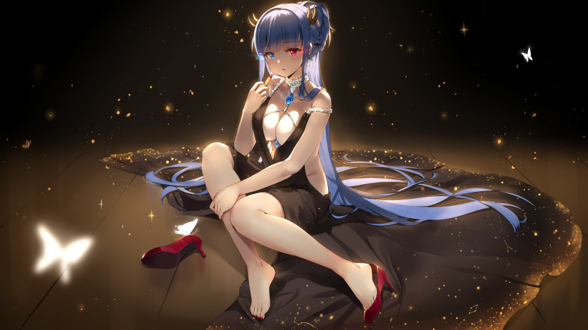 absurdres alternate_costume alternate_hairstyle applying_makeup azur_lane backless_dress backless_outfit bangs between_breasts black_dress blue_eyes blue_hair blush braid breasts bug butterfly cleavage collarbone commentary diamond dress earrings eyebrows_visible_through_hair french_braid glowing glowing_eyes hair_up heterochromia high_heels highres holding_lipstick horns ibuki_(azur_lane) insect jewelry large_breasts light_particles long_hair looking_at_viewer maya_g nail_polish necklace open_mouth ponytail red_eyes red_footwear red_lips red_nails sapphire_(stone) shoe_removed shoes sideboob sidelocks signature single_shoe sitting solo sparkle strap_slip symbol_commentary very_long_hair