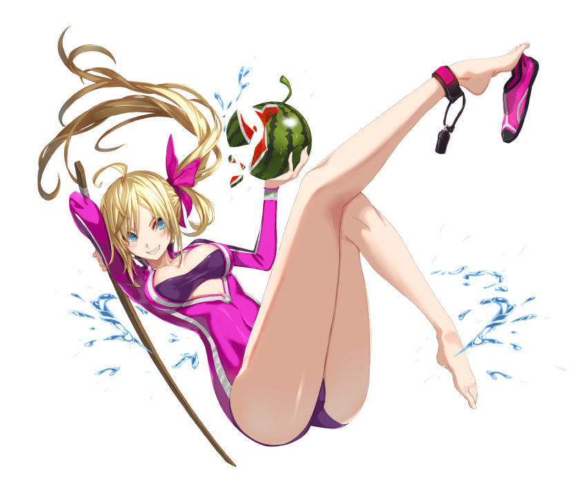 absurdres ahoge anklet blonde_hair blue_eyes blush bow bra breasts cleavage closers collarbone covered_navel floating_hair full_body grin hair_between_eyes hair_bow highres holding holding_weapon jewelry leotard long_hair medium_breasts official_art pink_bow pink_leotard purple_bra shinai shiny shiny_skin side_ponytail smile solo striped striped_bra sword underwear very_long_hair weapon white_background