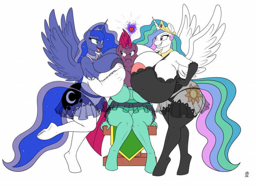 &lt;3 2018 anthro anthrofied areola armwear badgerben big_breasts blush breast_squish breasts cleavage clothed clothing elbow_gloves equine eye_scar female friendship_is_magic gloves group horn huge_breasts hyper hyper_breasts legwear lingerie mammal my_little_pony nipple_bulge panties princess_celestia_(mlp) princess_luna_(mlp) scar simple_background sitting solo stockings tempest_shadow_(mlp) thong underwear unicorn white_background winged_unicorn wings