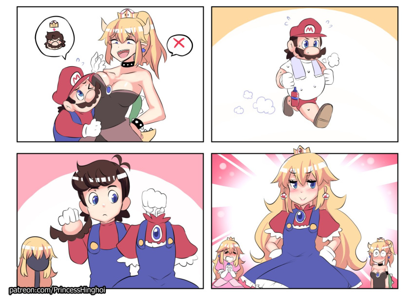 2girls adapted_costume beard blonde_hair blue_eyes blush bottle bowsette breasts cleavage closed_eyes comic commentary crossdressing crown dress drooling earrings english_commentary facial_hair female_pervert flying_sweatdrops gem gloves height_difference hinghoi horns huffing jewelry jogging large_breasts long_hair mario mario_(series) multiple_girls new_super_mario_bros._u_deluxe one_eye_closed open_mouth otoko_no_ko pants pervert pinafore_dress ponytail princess_peach props saliva sapphire_(stone) sharp_teeth shell silent_comic smile spikes super_crown super_mario_bros. surprised sweat teeth tiara towel towel_around_neck track_pants turtle_shell water_bottle white_gloves wig