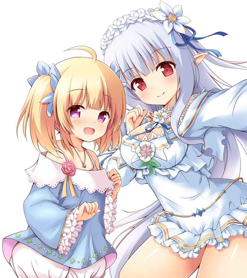 :d ahoge bangs blonde_hair bloomers blue_bow blue_dress blue_hair blue_ribbon blush bow breasts cleavage closed_mouth collarbone commentary_request copyright_request dress elf eyebrows_visible_through_hair fingernails flower frilled_sleeves frills hair_between_eyes hair_bow hair_flower hair_ornament hair_ribbon hand_up hands_up highres jewelry large_breasts long_hair long_sleeves multiple_girls off-shoulder_dress off_shoulder open_mouth pendant pointy_ears purple_eyes reaching_out red_eyes red_flower red_rose ribbon rose self_shot sidelocks simple_background smile twintails underwear very_long_hair white_background white_bloomers white_dress white_flower wide_sleeves yuu_(yumezakura)