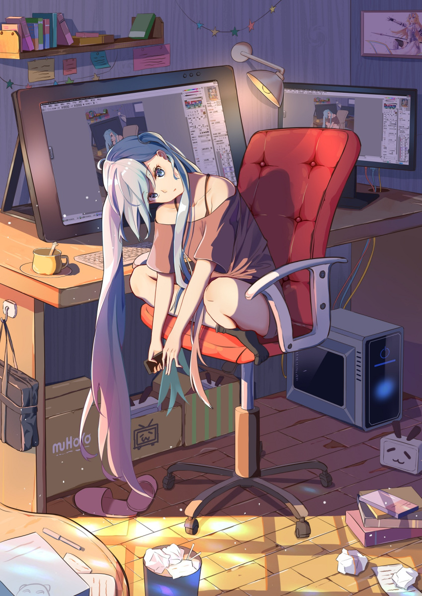 aqua_hair artist_self-reference bag black_legwear blue_eyes blue_hair book box brand_name_imitation cardboard_box cellphone chair commentary_request computer crumpled_paper desk drawing_tablet fate/grand_order fate_(series) gradient_hair hatsune_miku head_tilt highres holding holding_cellphone holding_phone indoors jeanne_d'arc_(fate) jeanne_d'arc_(fate)_(all) keyboard_(computer) long_hair mobu_(wddtfy61) monitor multicolored_hair no_shoes office_chair painttool_sai phone picture_frame pink_footwear purple_hair recursion school_bag shelf sitting slippers slippers_removed socks solo star tablet trash_can twintails very_long_hair vocaloid wall_lamp