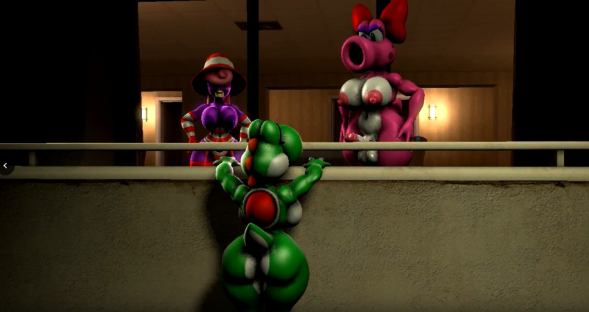 &lt;3 ) 3d_(artwork) anthro birdo birdo_(character) crocwife cum cum_on_face digital_media_(artwork) female female/female humor intersex intersex/female mario_bros nintendo scalie source_filmmaker video_games yoshi yoshi_(character)