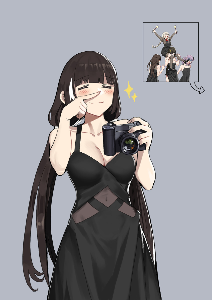 &gt;_&lt; :d alternate_costume anti-rain_(girls_frontline) black_dress black_footwear black_hair blonde_hair blush breasts brown_hair brown_legwear camera carrying closed_eyes commentary covered_navel cowboy_shot dress eyebrows_visible_through_hair eyepatch facing_viewer girls_frontline gloves grey_background hair_between_eyes hands_up highres holding holding_camera holding_maracas ihobus kicking loafers long_hair m16a1_(girls_frontline) m4_sopmod_ii_(girls_frontline) m4a1_(girls_frontline) medium_breasts multicolored_hair multiple_girls open_mouth pantyhose pink_hair red_hair ro635_(girls_frontline) scar shoes shoulder_carry side_slit simple_background small_breasts smile sparkle st_ar-15_(girls_frontline) streaked_hair sweatdrop white_hair xd