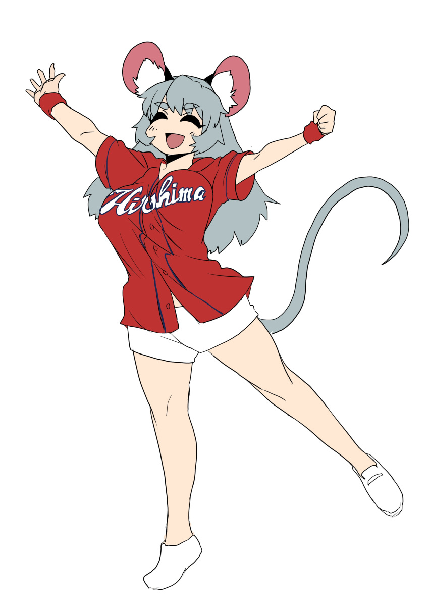 :d animal_humanoid big_breasts breasts buchineko clothed clothing eyes_closed female footwear grey_hair hair happy humanoid inner_ear_fluff long_hair mammal mouse_humanoid nazrin open_mouth rodent shirt shoes shorts solo touhou