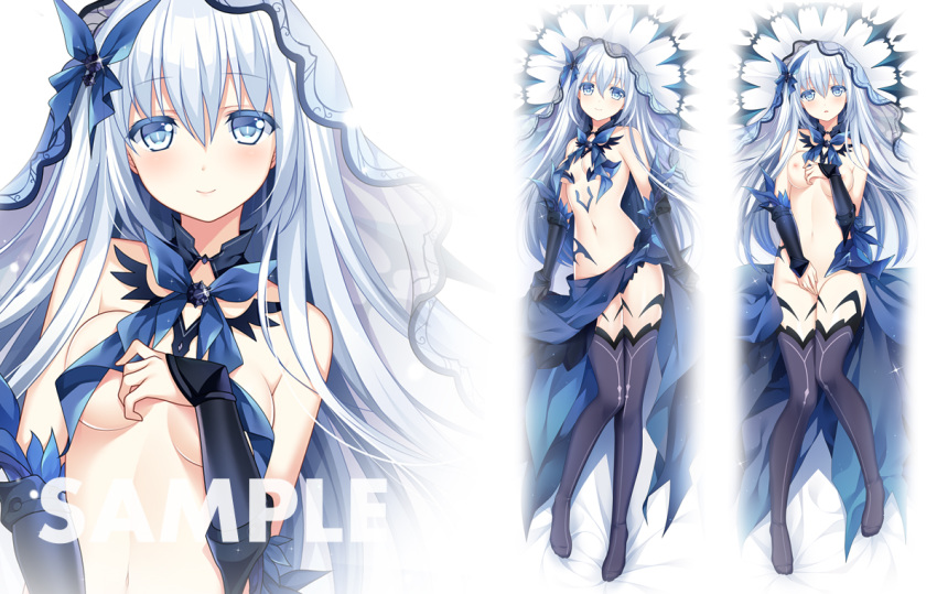 black_legwear blue blue_bow blue_eyes bow breasts cleavage commentary_request dakimakura date_a_live eyebrows_visible_through_hair eyes from_above hair_between_eyes hair_bow long_hair looking_at_viewer lying medium_breasts multiple_views navel nipples on_back parted_lips sample silver_hair smile thighhighs tobiichi_origami underboob veil verjuice very_long_hair