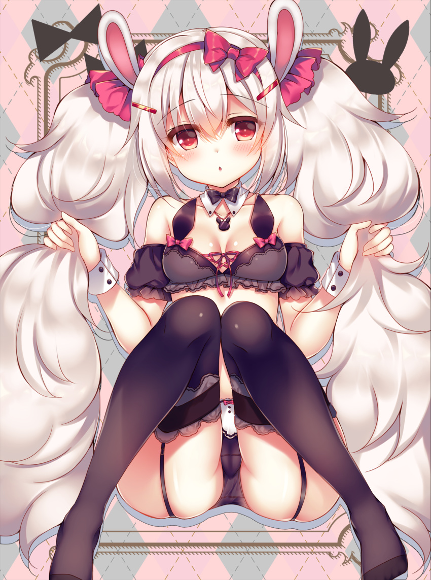 animal_ears azur_lane bangs bare_shoulders black_legwear black_panties blush bow breasts bunny_ears cameltoe chestnut_mouth collarbone commentary_request crop_top detached_sleeves eyebrows_visible_through_hair garter_straps hair_between_eyes hair_bow hairband highres laffey_(azur_lane) long_hair panties parted_lips puffy_short_sleeves puffy_sleeves red_bow red_eyes red_hairband red_ribbon revision ribbon short_sleeves silver_hair small_breasts solo suzune_rena thighhighs twintails underwear very_long_hair wrist_cuffs