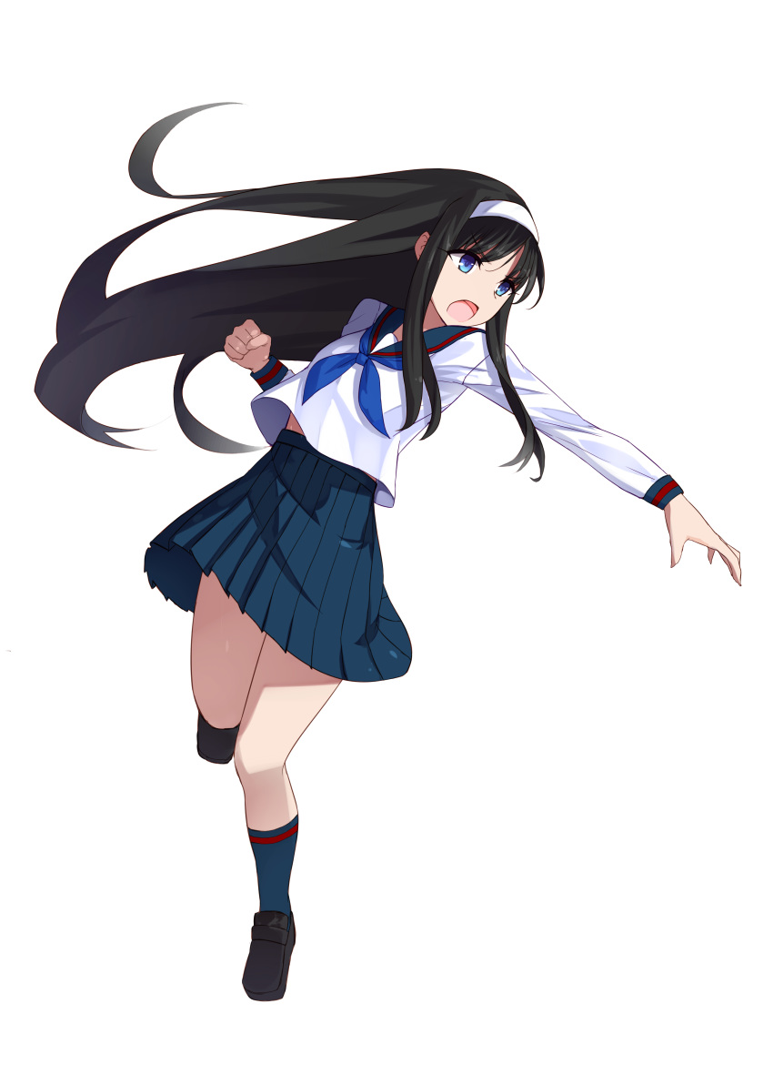 absurdres apo_(apos2721) bangs black_hair blue_legwear blue_ribbon blue_skirt clenched_hand commentary_request full_body hairband highres loafers long_hair long_sleeves melty_blood open_mouth pleated_skirt ribbon sailor_collar school_uniform serafuku shoes sidelocks skirt socks solo toono_akiha transparent_background tsukihime very_long_hair white_hairband