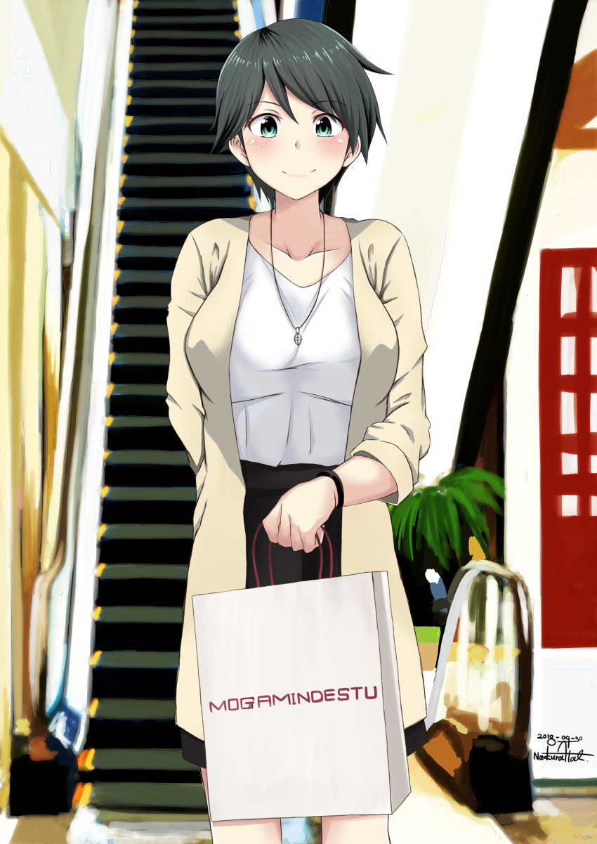 absurdres alternate_breast_size bag beige_blazer black_skirt blazer brand_name_imitation breasts brown_eyes commentary_request escalator feet_out_of_frame green_eyes highres jacket jewelry kantai_collection large_breasts looking_at_viewer mogami_(kantai_collection) nakura_haru necklace shirt shopping_bag short_hair skirt smile solo standing white_shirt