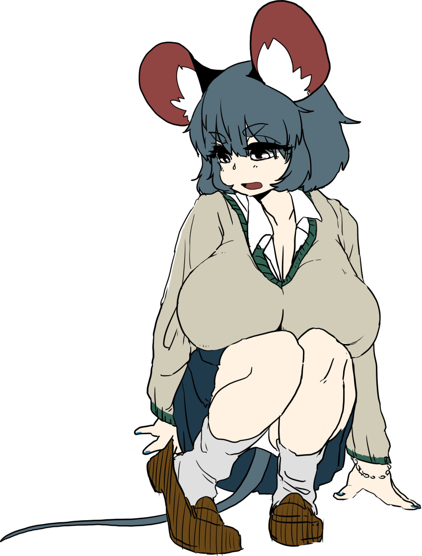animal_humanoid big_breasts big_ears blue_nails bracelet breasts buchineko cleavage clothed clothing colored_nails female footwear grey_hair hair huge_breasts humanoid inner_ear_fluff jewelry legwear mammal mouse_humanoid nazrin open_mouth rodent shirt shoes short_hair sitting skirt socks solo touhou