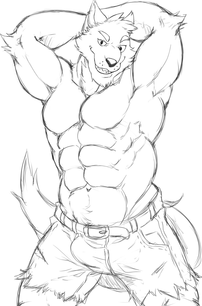 2018 abs absurd_res anthro belt biceps canine clothing fur hi_res male mammal monochrome muscular muscular_male shorts sketch soliscanis were werewolf