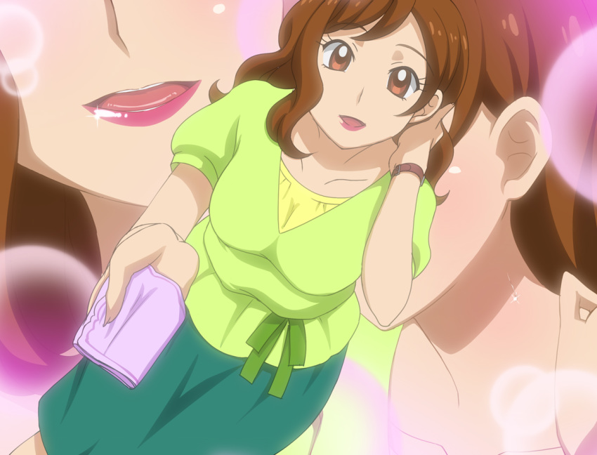 1girl adjusting_hair breasts brown_eyes brown_hair green_shirt green_skirt highres kamisama_minarai:_himitsu_no_cocotama lips lipstick looking_at_viewer makeup makino_tomoyasu matching_hair/eyes medium_breasts medium_hair milf multiple_views open_mouth pink_lips shirt skirt smile solo standing yotsuba_misato