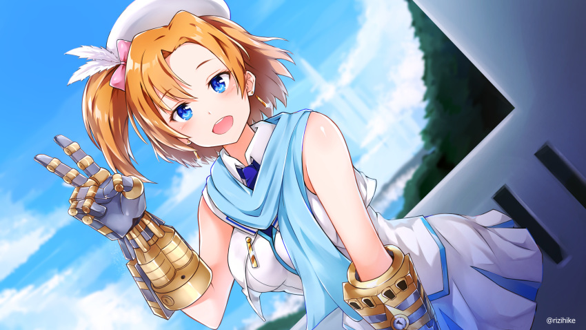 :d beret blue_eyes blue_scarf blue_sky blush bow breasts crossover dutch_angle earrings gauntlets hair_bow hair_flip hat highres jewelry kousaka_honoka league_of_legends looking_at_viewer love_live! love_live!_school_idol_project medium_breasts one_side_up open_mouth orange_hair pink_bow rizihike scarf school_uniform skirt sky sleeveless smile solo twitter_username v vi_(league_of_legends) white_skirt wonderful_rush