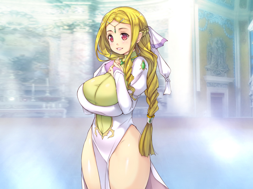 1girl bare_legs blonde_hair blurry blurry_background blush braid breasts cowboy_shot crown_braid dress drill_hair earrings groin hands_on_own_chest happy highres huge_breasts indoors jewelry legs legs_together long_braid long_hair looking_at_viewer low-tied_long_hair original parted_lips pelvic_curtain puffy_sleeves red_eyes smile solo standing thighs yakuza_yuusha_wo_maneite_shimatta_machi yoko_juusuke